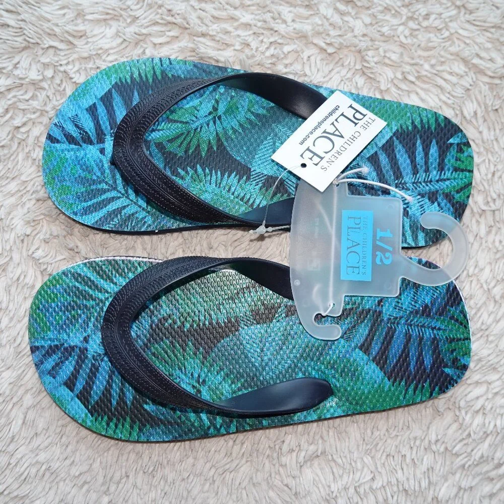 Kids Size 1-2 Palm Tree Tropical Flip Flop Sandals - Blue and Green - BRAND NEW